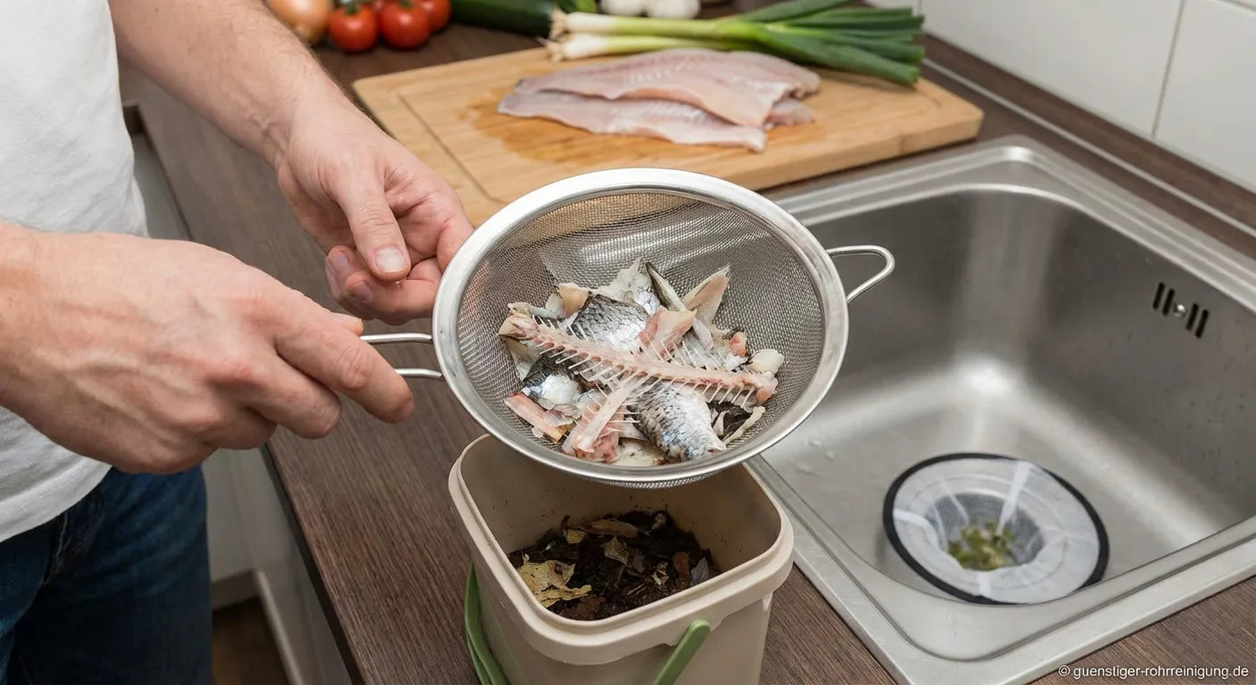 Verstopfter Küchenabfluss mit Fischresten