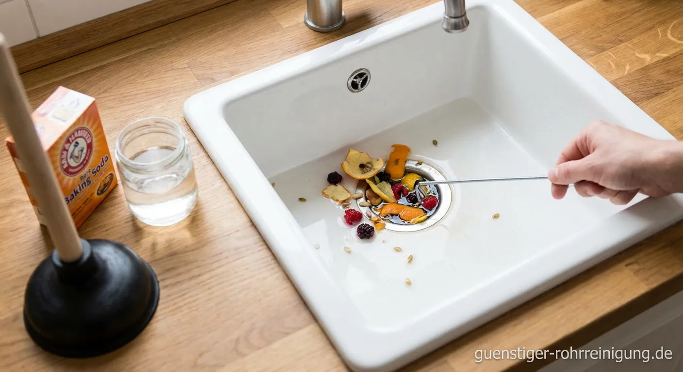 Verstopfter Küchenabfluss mit Wasser und sichtbaren Fruchtstücken