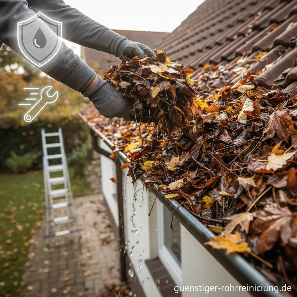 Ein mit Herbstlaub verstopfter Abfluss auf einer Terrasse
