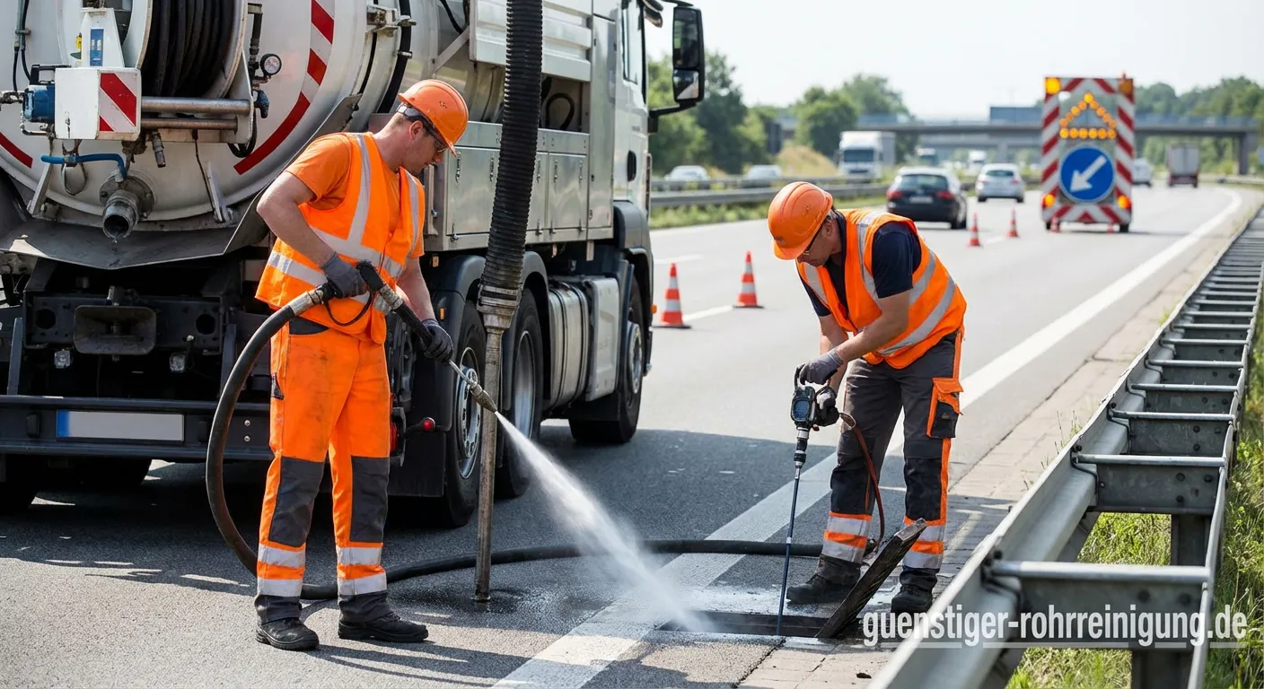 Professionelle Abflussreinigung auf Autobahn mit Hochdruckspülgerät