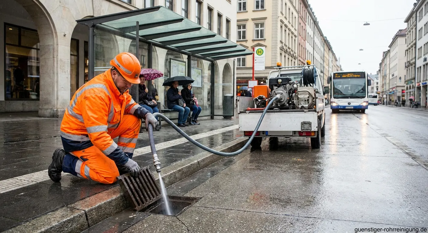 Professionelle Abflussreinigung an einer Bushaltestelle