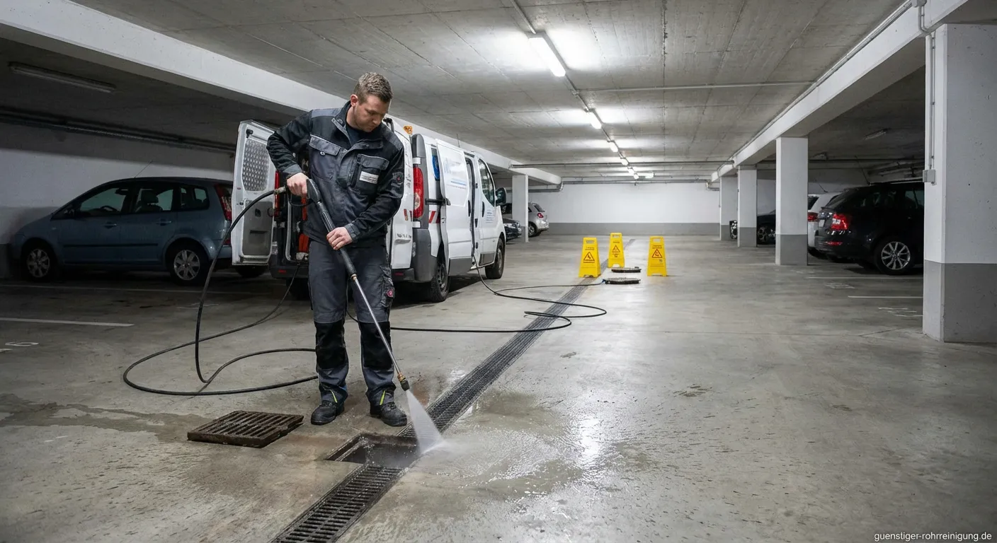 Professionelle Abflussreinigung in Parkhäusern mit Hochdruckspülung