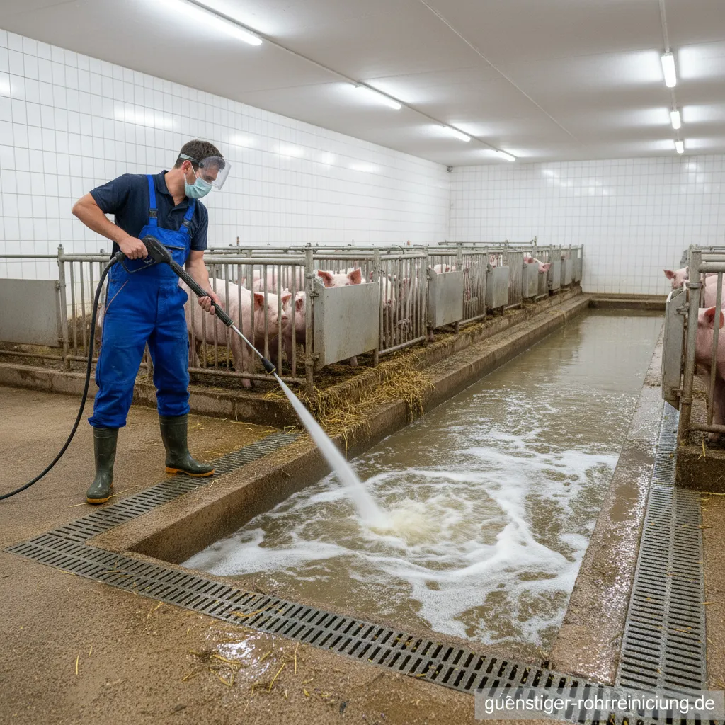 Professionelle Hochdruck-Abflussreinigung in einem Schweinezuchtbetrieb