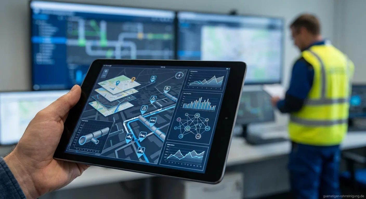Ingenieur prüft digitale Abwasserdokumentation auf Tablet vor Kanaldeckel