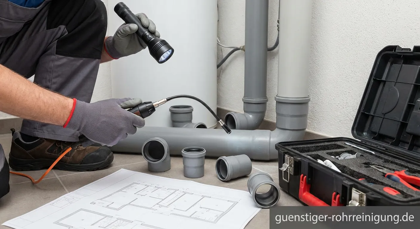Fachmann bei der Inspektion einer Abwasserinstallation mit Kamera