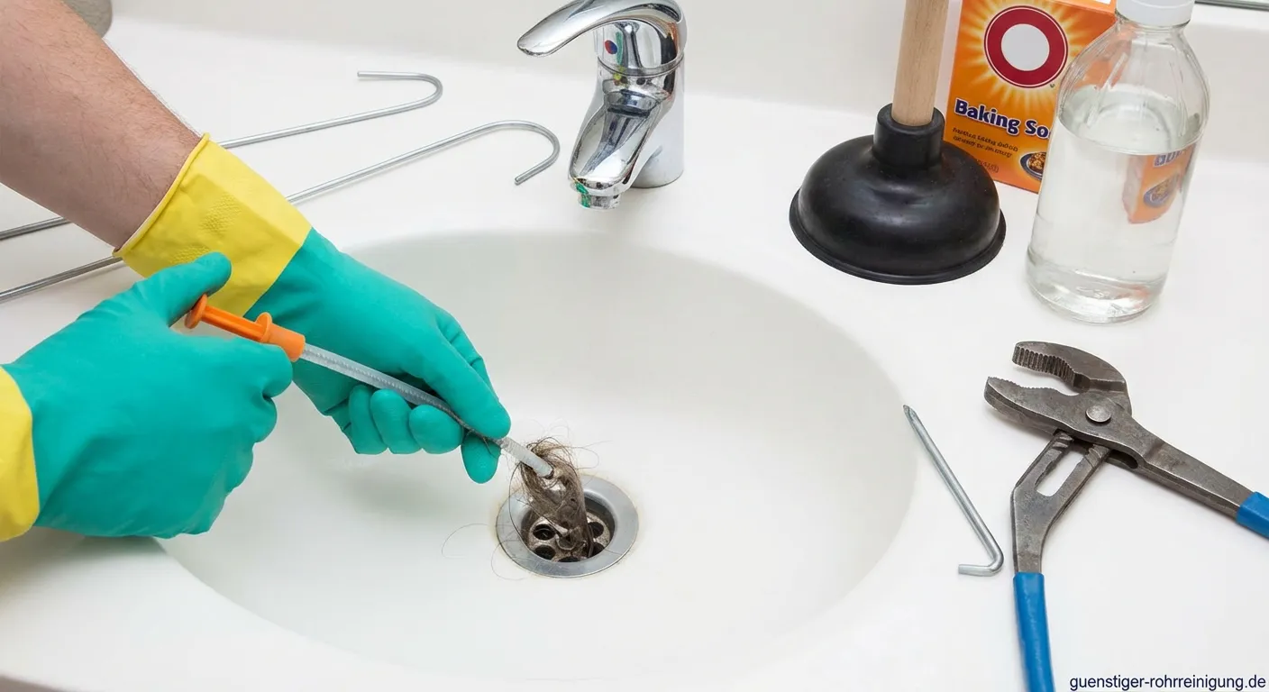 Verstopfter Abfluss mit Haaren im Waschbecken