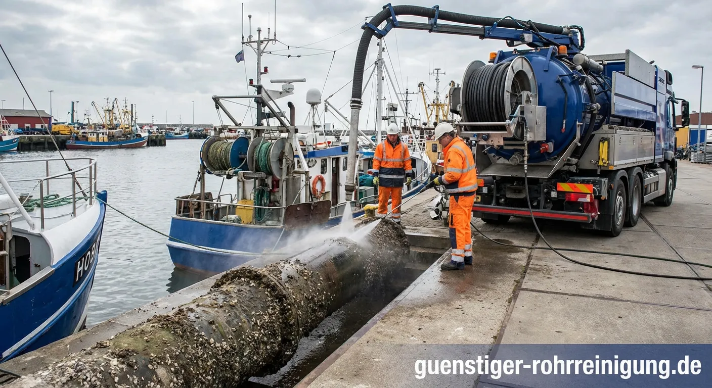 Professionelle Rohrreinigungsarbeiten in einem deutschen Fischereihafen