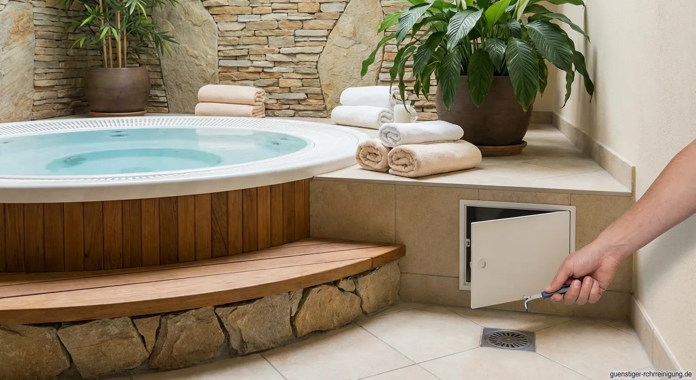Innenansicht eines luxuriösen Wellnessbereichs mit sauberem Pool und Duschen