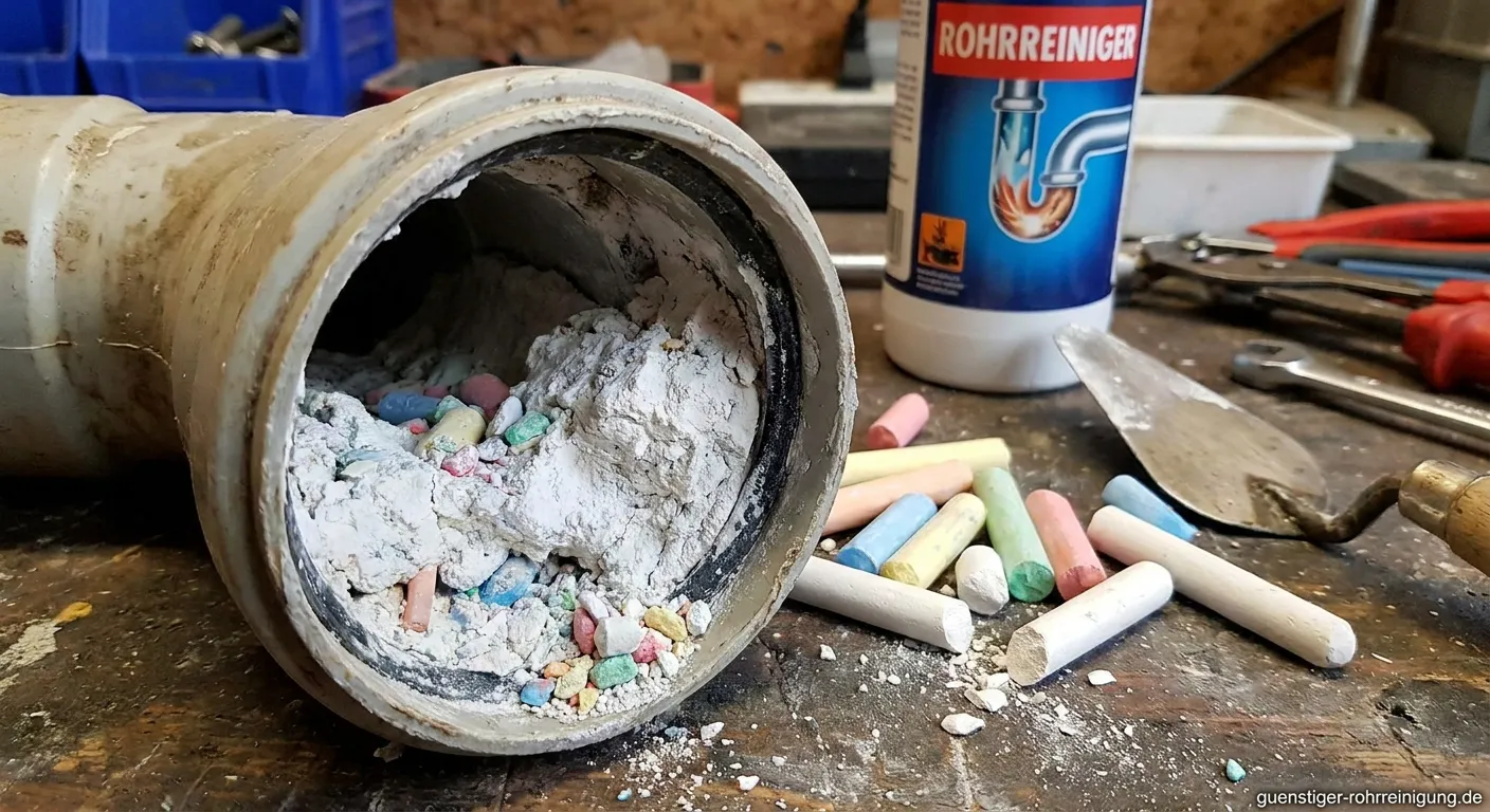 Verstopftes Abflussrohr mit weißen Kreideresten